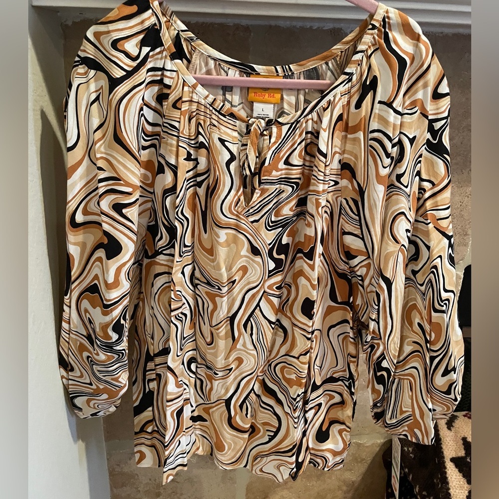 NWT Ruby Rd. Caramel Black Gold Retro Blouse Balloon Sleeve 70’s VTG swirl L